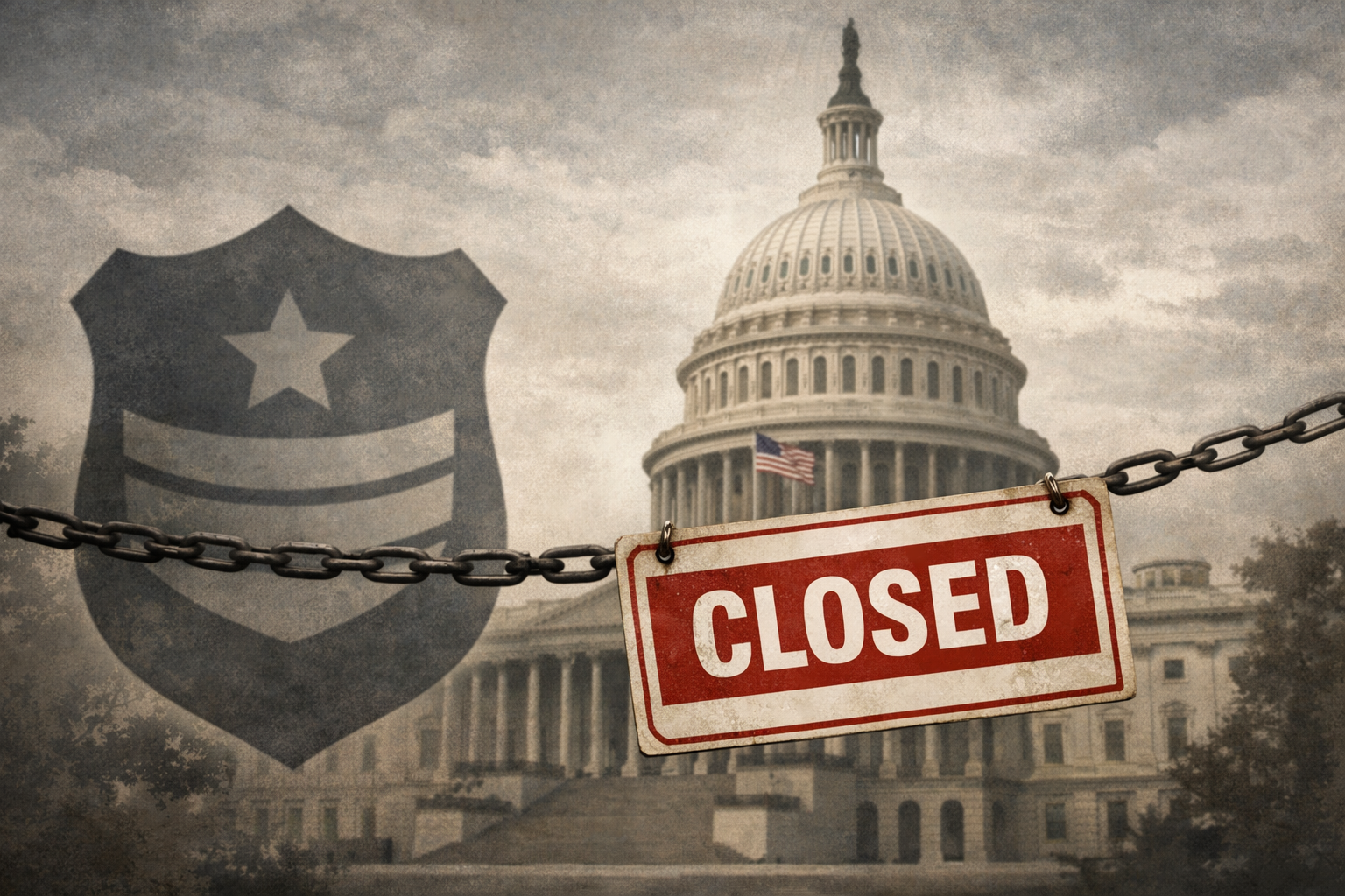 Capitol backdrop with ‘Closed’ sign symbolizing DHS shutdown over funding dispute
