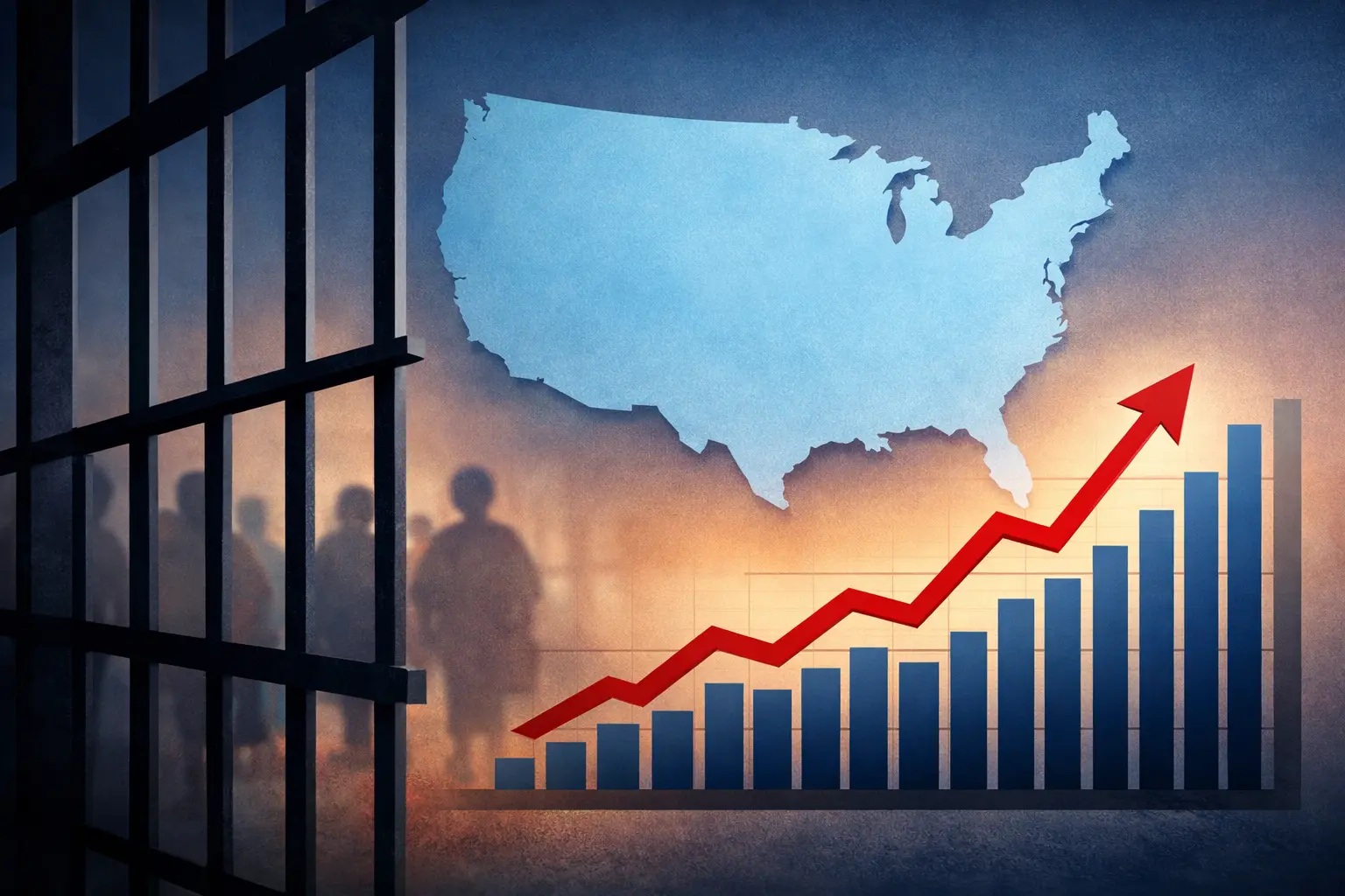 Editorial illustration of U.S. map, jail bars, and rising chart as ICE detention tops 70,000.