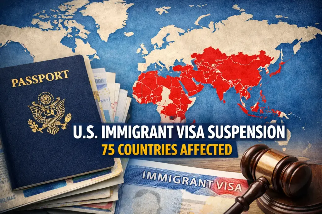 World map and passport graphic illustrating immigrant visa pause for 75 countries