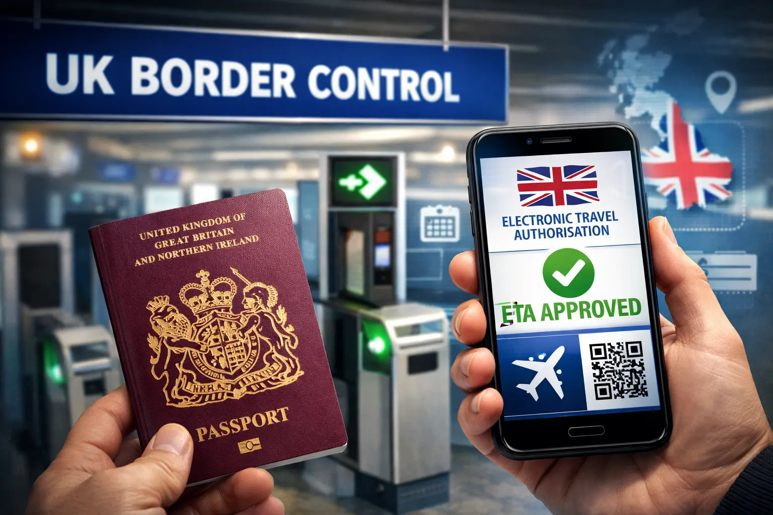 UK passport and smartphone showing ETA approval for UK immigration rules 2026